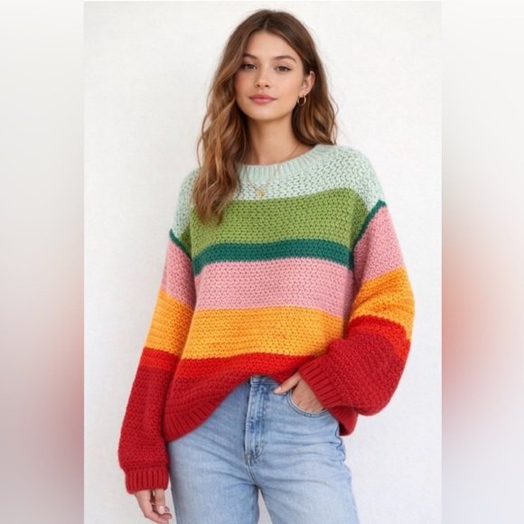 FARM Rio Sweaters - Farm Rio Oversized Rainbow Striped Sweater